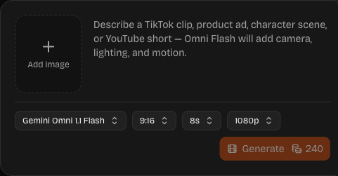 Omni Flash AI video generator: prompt box with model, aspect ratio, duration, resolution and a Generate button